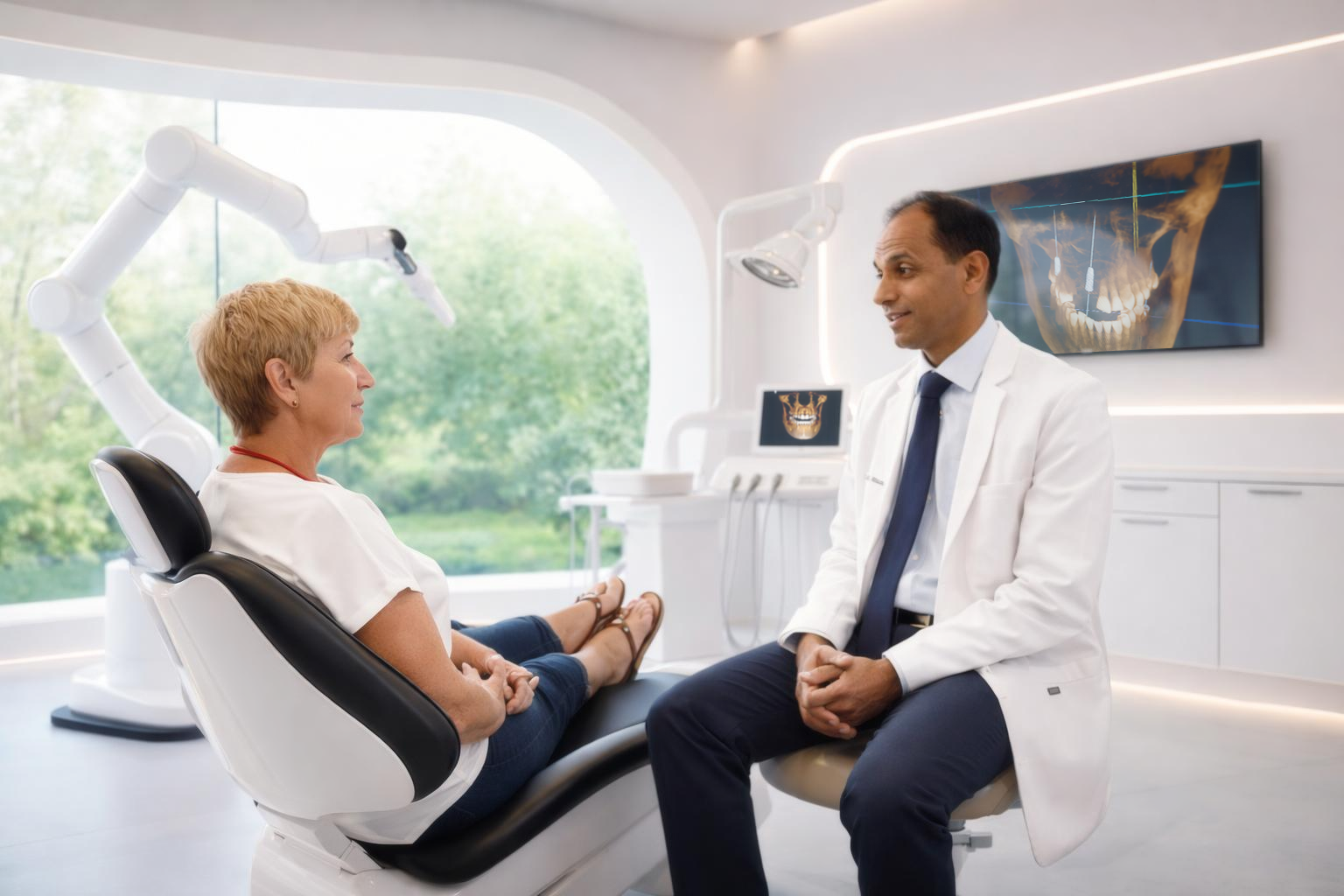 Dr. Al consulting with patient in futuristic Teeth+Robots operatory